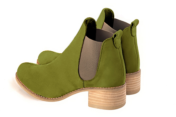 Pistachio green and bronze beige women's ankle boots, with elastics. Round toe. Low leather soles. Rear view - Florence KOOIJMAN